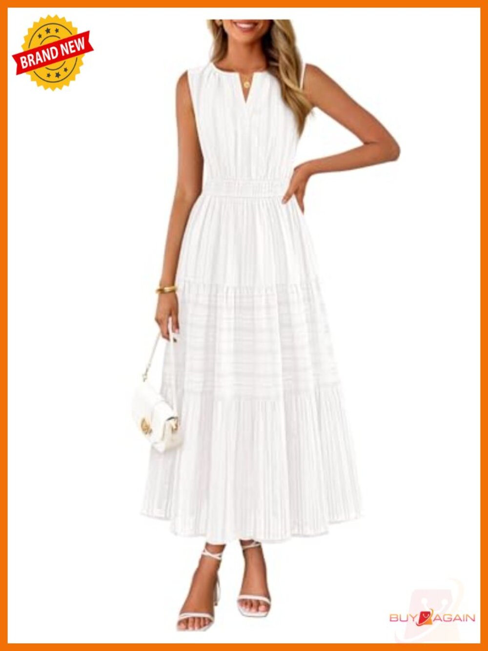 Sleeveless V Neck Midi Dress Cotton Jacquard Tiered A-Line Pockets